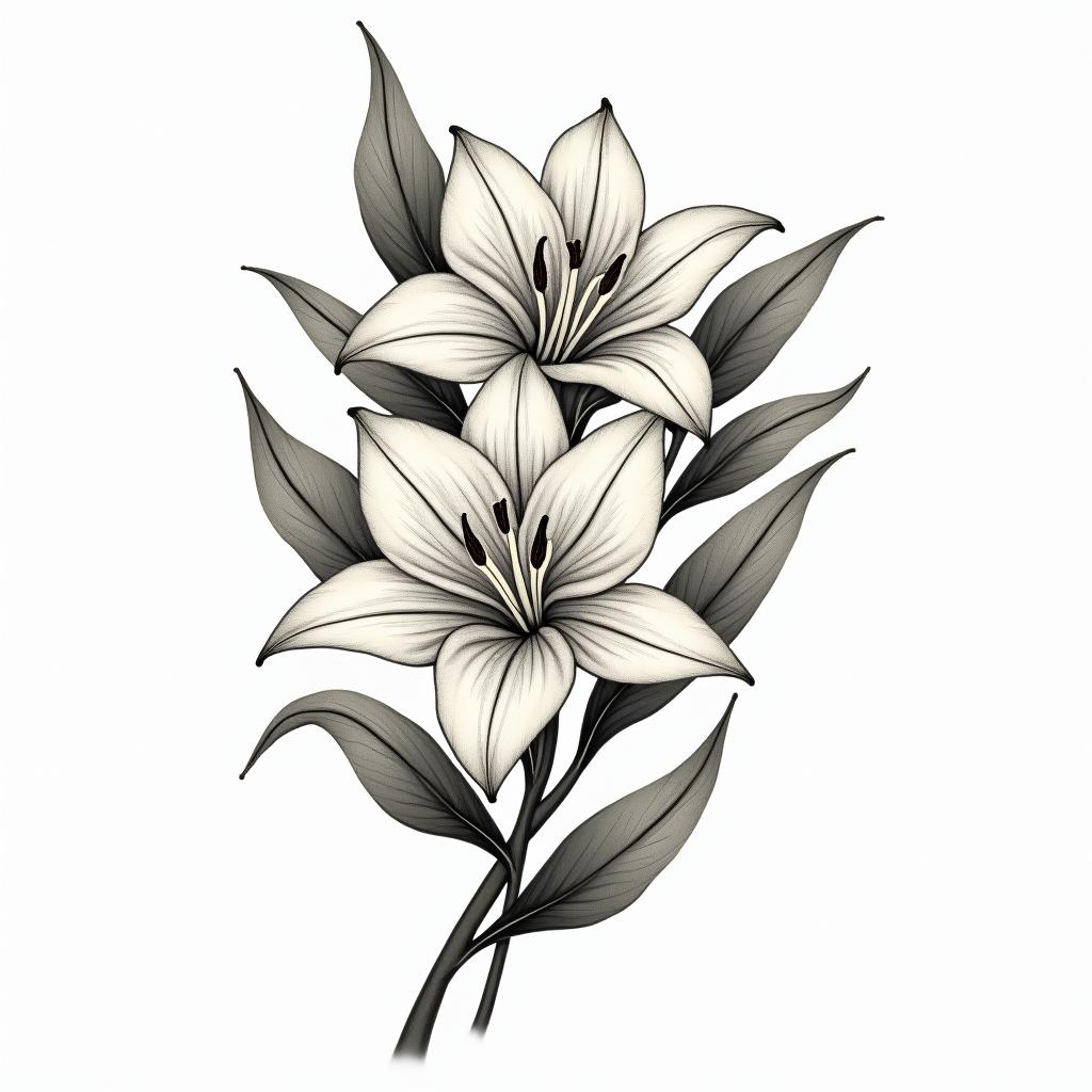 A traditional tattoo design featuring elegant lilies and leaves, showcasing the beauty of the flowers with intricate detailing. The lilies should symbolize purity and renewal, arranged artistically to create a graceful and sophisticated look. The color palette can include soft, natural colors to enhance the elegant aesthetic while maintaining a classic style.higly detailed tattoo