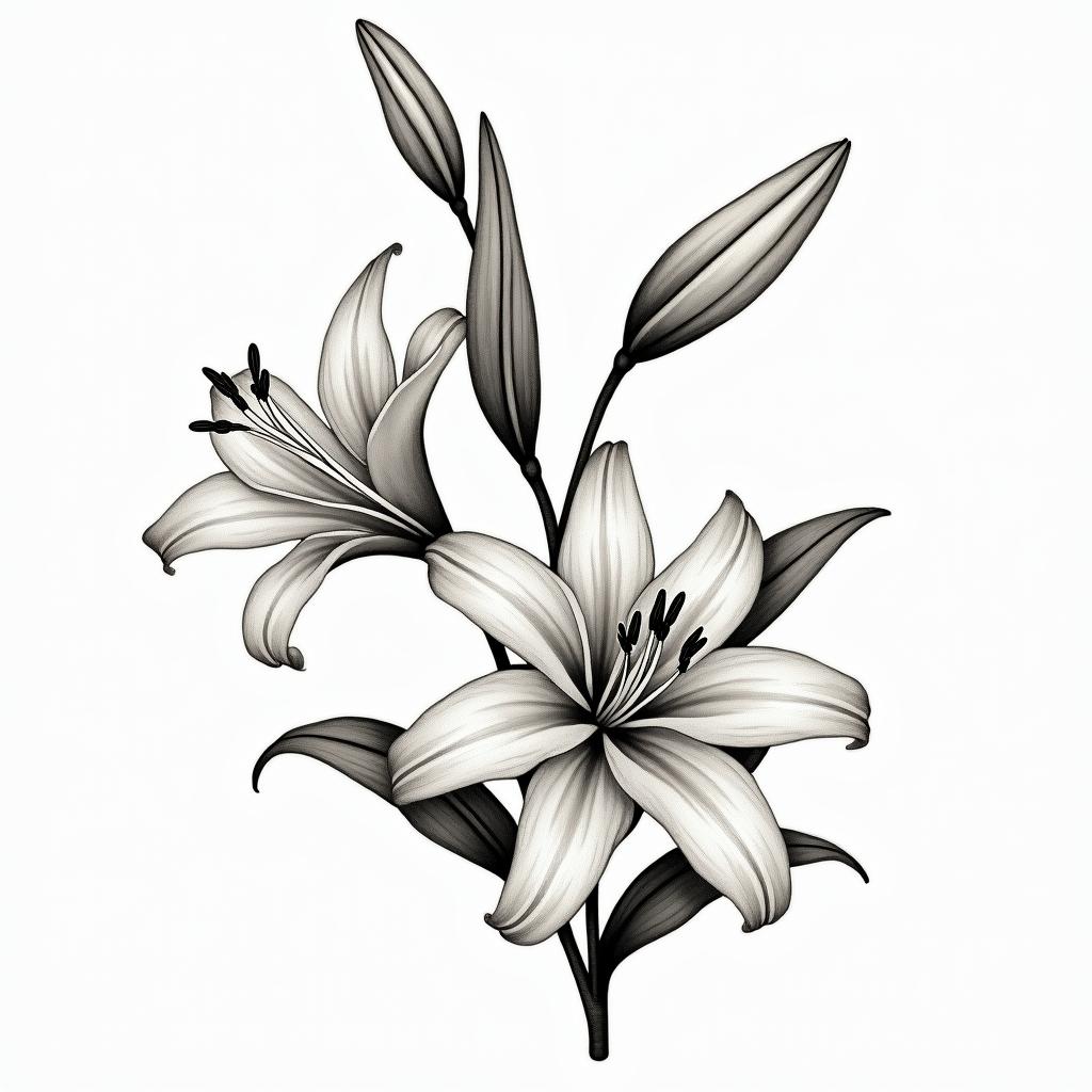 A traditional tattoo design featuring elegant lilies and leaves, showcasing the beauty of the flowers with intricate detailing. The lilies should symbolize purity and renewal, arranged artistically to create a graceful and sophisticated look. The color palette can include soft, natural colors to enhance the elegant aesthetic while maintaining a classic style.higly detailed tattoo - Variation 4