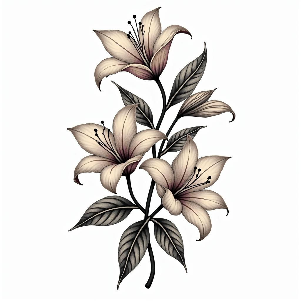 A traditional tattoo design featuring elegant lilies and leaves, showcasing the beauty of the flowers with intricate detailing. The lilies should symbolize purity and renewal, arranged artistically to create a graceful and sophisticated look. The color palette can include soft, natural colors to enhance the elegant aesthetic while maintaining a classic style.higly detailed tattoo - Variation 3