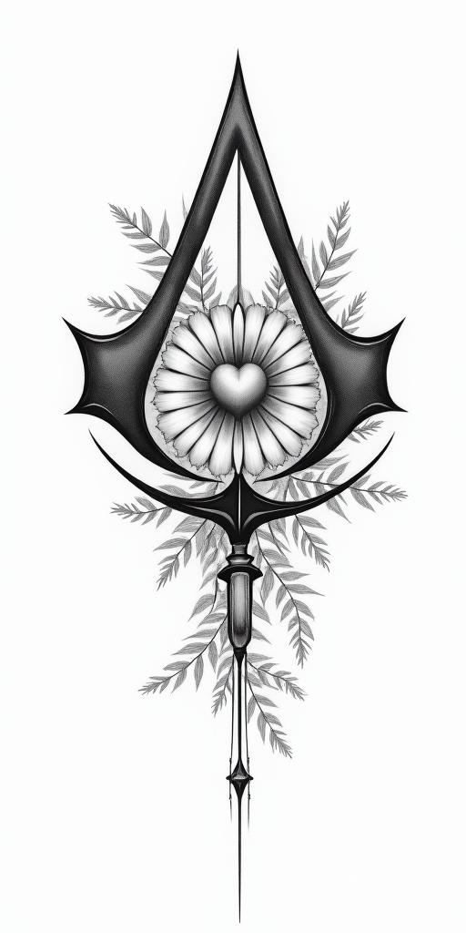 Assassins creed mixed with flowers and bloodin Modest style tattoo, featuring soft, delicate line work with simple and meaningful symbols, gentle waves, a heart, evoking a sense of serenity and grace,