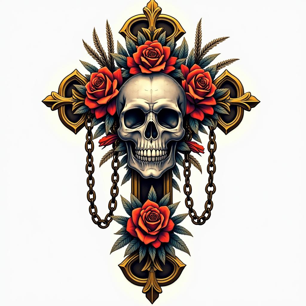 Cross decorated skull goldin chicano style tattoo, featuring intricate black and grey shading, bold elements of traditional chicano culture symbols, add a big cross with skull, chains and roses - Variation 3