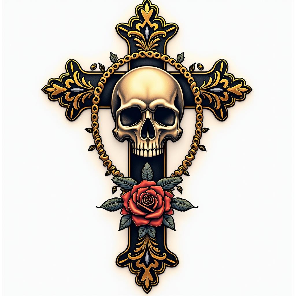 Cross decorated skull goldin chicano style tattoo, featuring intricate black and grey shading, bold elements of traditional chicano culture symbols, add a big cross with skull, chains and roses - Variation 4