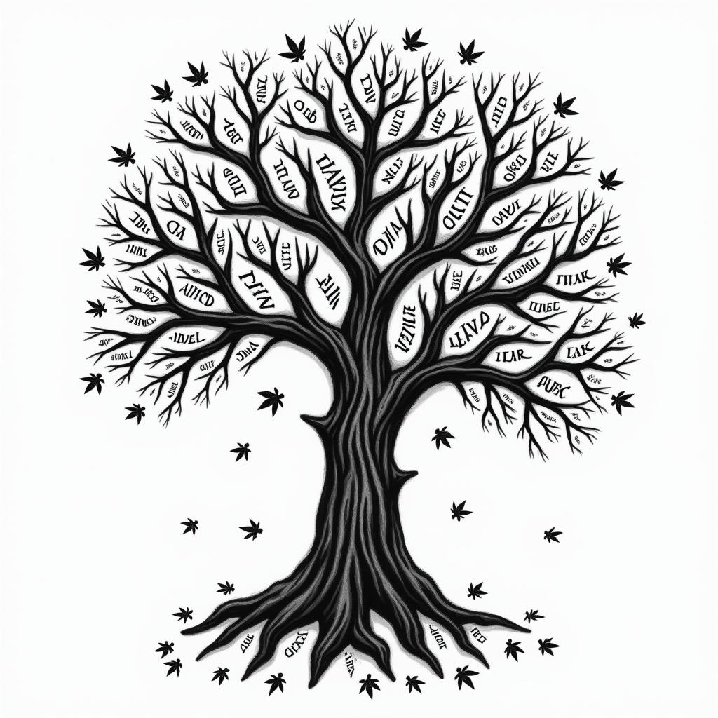 Family tree with names on the leaves and fallen leaves with names on themin graffiti style tattoo, featuring bold and dynamic street art elements, spray-paint texture with exaggerated lines and expressive, chaotic brushstrokes, intricate lettering incorporated with graffiti tags, symbols like hearts, stars, and wings - Variation 2