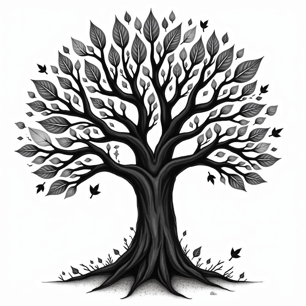 Family tree with names on the leaves and fallen leaves with names on themin graffiti style tattoo, featuring bold and dynamic street art elements, spray-paint texture with exaggerated lines and expressive, chaotic brushstrokes, intricate lettering incorporated with graffiti tags, symbols like hearts, stars, and wings