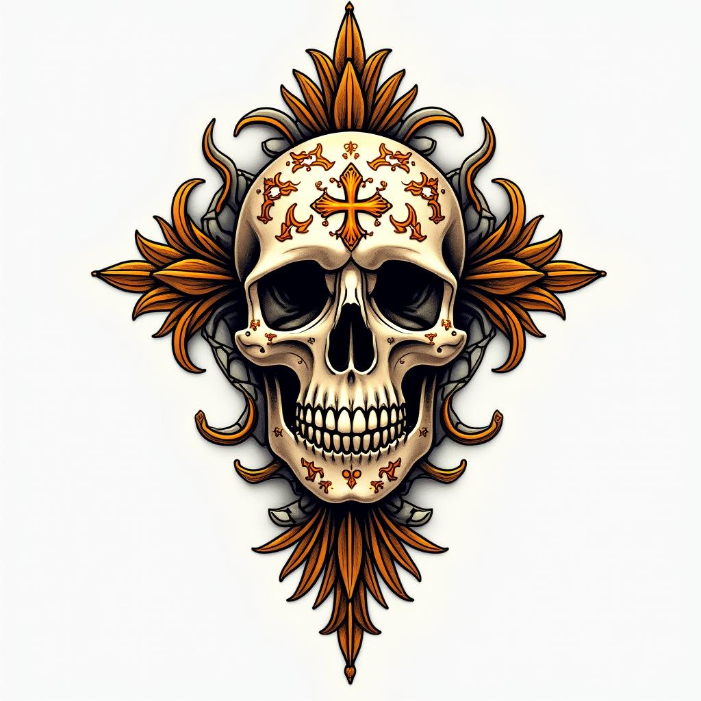 Cross decorated skull goldin authentic tattoo style, incorporating traditional modifications, bold black outlines, solid color fills, featuring classic authentic elements - Variation 4