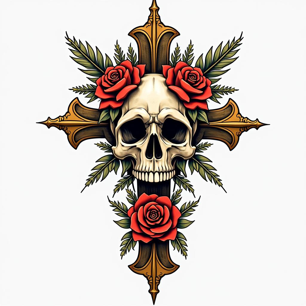 Cross decorated skull goldin authentic tattoo style, incorporating traditional modifications, bold black outlines, solid color fills, featuring classic authentic elements - Variation 2