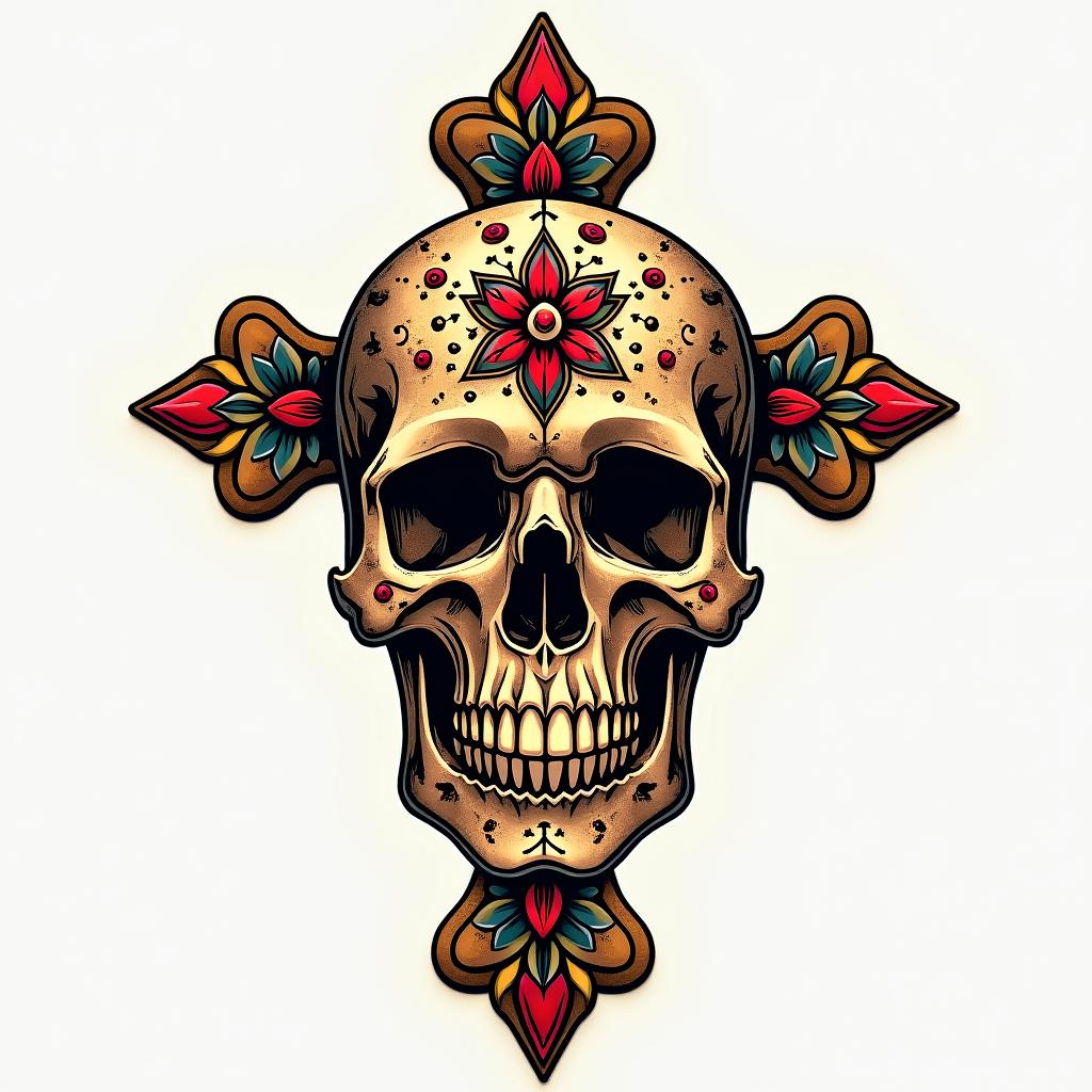 Cross decorated skull goldin authentic tattoo style, incorporating traditional modifications, bold black outlines, solid color fills, featuring classic authentic elements - Variation 3