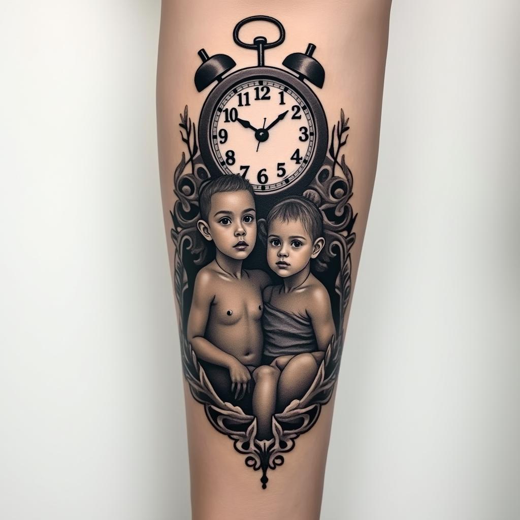 Create a tattoo on the forearm featuring a clock showing 17:28 and a realistic image of two siblings as children (a boy and a girl).higly detailed tattoo