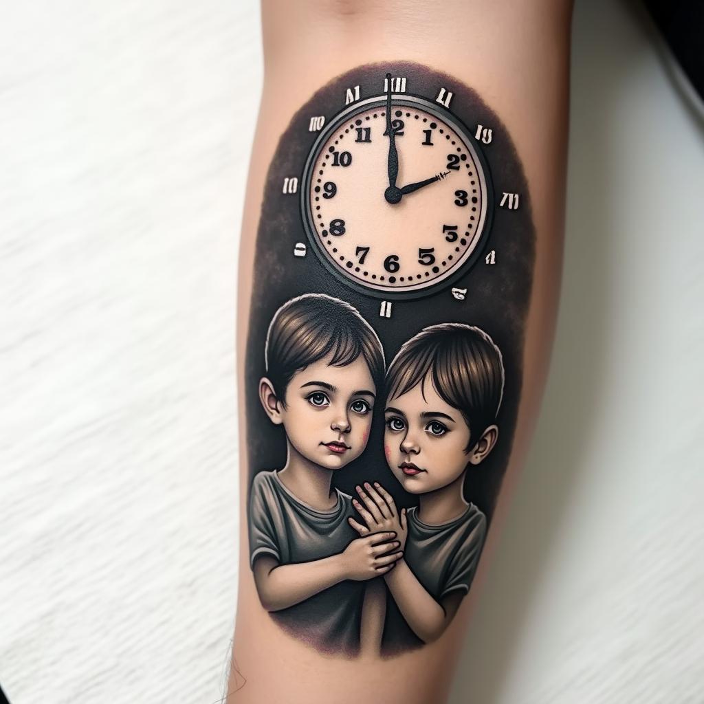 Create a tattoo on the forearm featuring a clock showing 17:28 and a realistic image of two siblings as children (a boy and a girl).higly detailed tattoo - Variation 2
