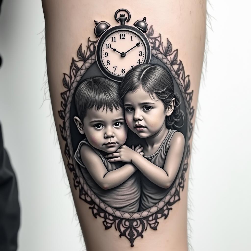 Create a tattoo on the forearm featuring a clock showing 17:28 and a realistic image of two siblings as children (a boy and a girl).higly detailed tattoo - Variation 4