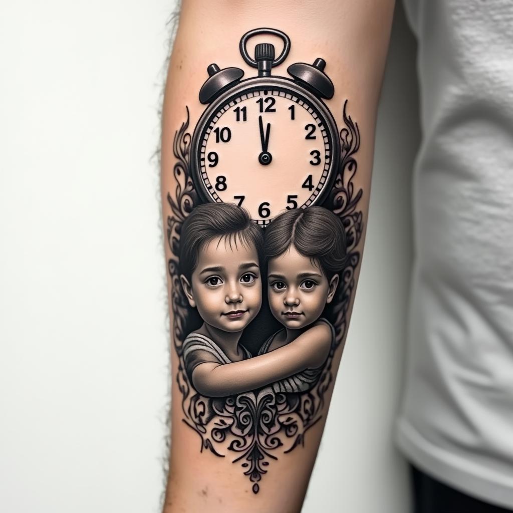 Create a tattoo on the forearm featuring a clock showing 17:28 and a realistic image of two siblings as children (a boy and a girl).higly detailed tattoo - Variation 3