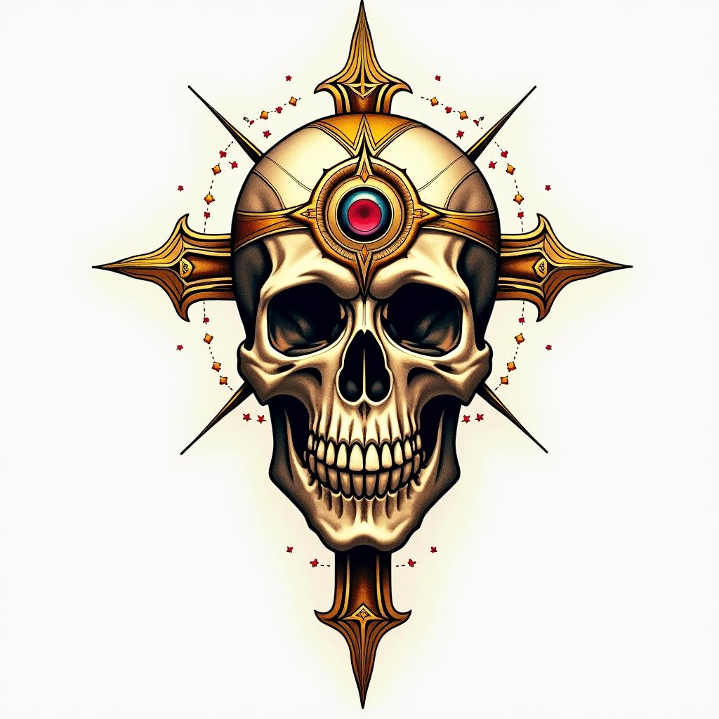 Cross decorated skull goldin spiritual symbols tattoo style, featuring an intricate design incorporating elements, Hamsa hand, third eye, minimalist composition - Variation 2
