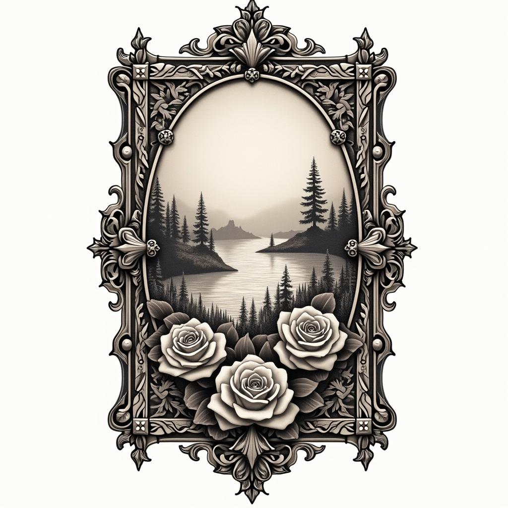 Celtic design, incorporating travel and naturein victorian style tattoo, featuring vintage and elegant elements, ornate frames, roses, antique, sepia-toned color scheme - Variation 3