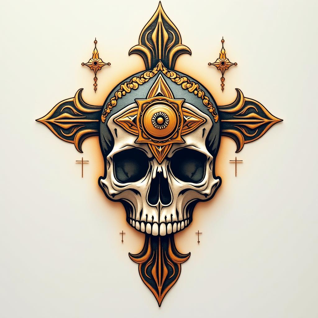 Cross decorated skull goldin spiritual symbols tattoo style, featuring an intricate design incorporating elements, Hamsa hand, third eye, minimalist composition - Variation 3