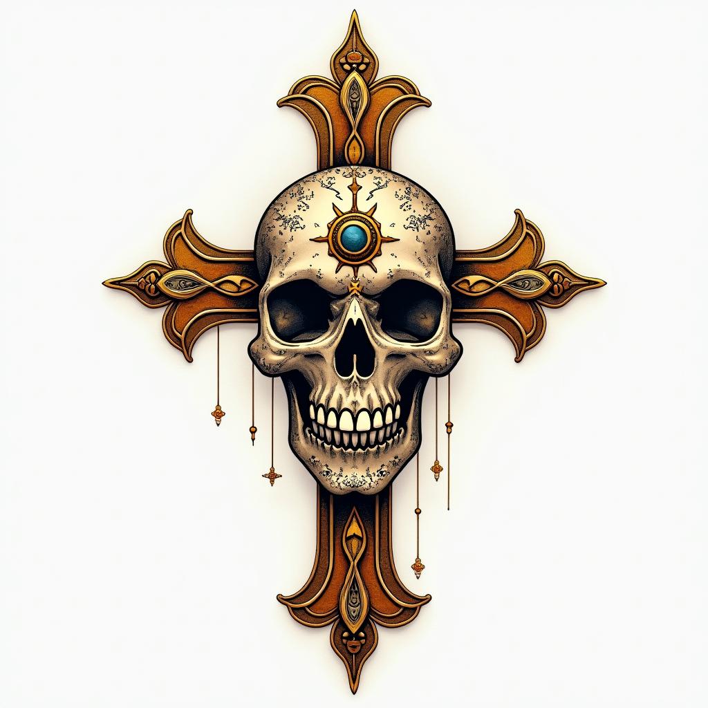 Cross decorated skull goldin spiritual symbols tattoo style, featuring an intricate design incorporating elements, Hamsa hand, third eye, minimalist composition - Variation 4