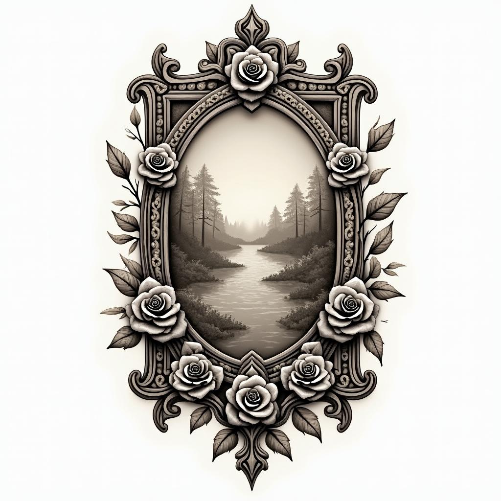 Celtic design, incorporating travel and naturein victorian style tattoo, featuring vintage and elegant elements, ornate frames, roses, antique, sepia-toned color scheme - Variation 2