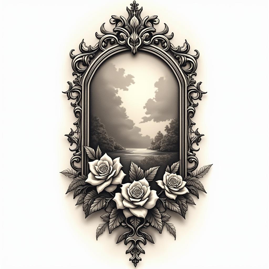 Celtic design, incorporating travel and naturein victorian style tattoo, featuring vintage and elegant elements, ornate frames, roses, antique, sepia-toned color scheme