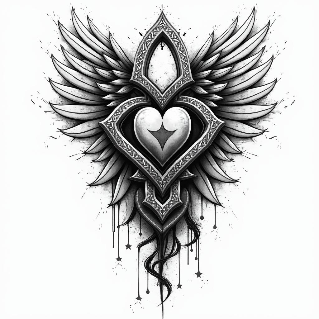 Celtic design, incorporating travel and naturein graffiti style tattoo, featuring bold and dynamic street art elements, spray-paint texture with exaggerated lines and expressive, chaotic brushstrokes, intricate lettering incorporated with graffiti tags, symbols like hearts, stars, and wings - Variation 4