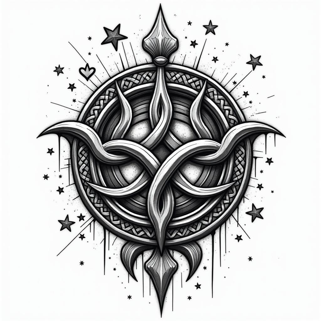Celtic design, incorporating travel and naturein graffiti style tattoo, featuring bold and dynamic street art elements, spray-paint texture with exaggerated lines and expressive, chaotic brushstrokes, intricate lettering incorporated with graffiti tags, symbols like hearts, stars, and wings