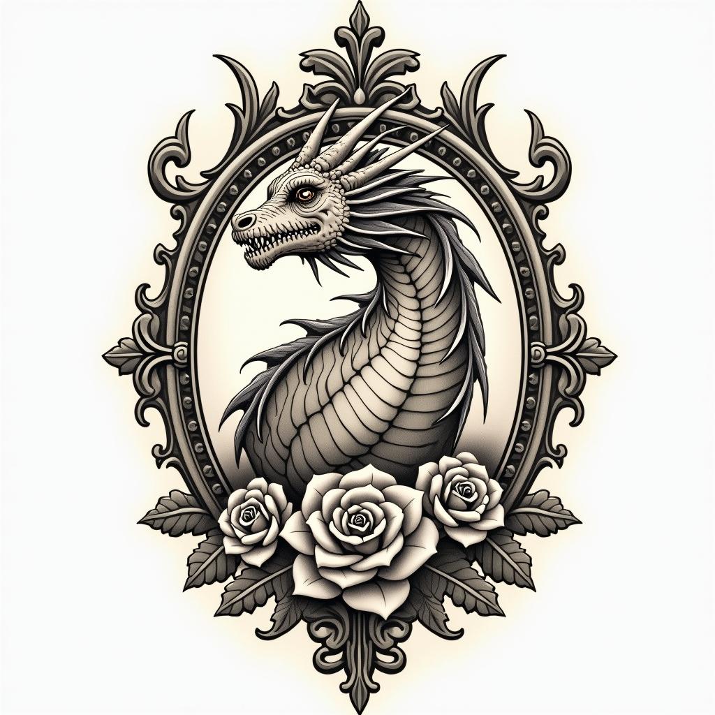Female dragon with flowersin victorian style tattoo, featuring vintage and elegant elements, ornate frames, roses, antique, sepia-toned color scheme - Variation 2