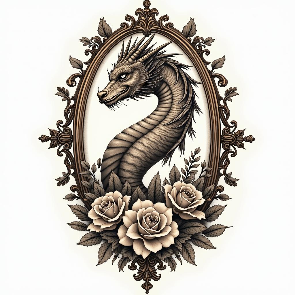 Female dragon with flowersin victorian style tattoo, featuring vintage and elegant elements, ornate frames, roses, antique, sepia-toned color scheme - Variation 3