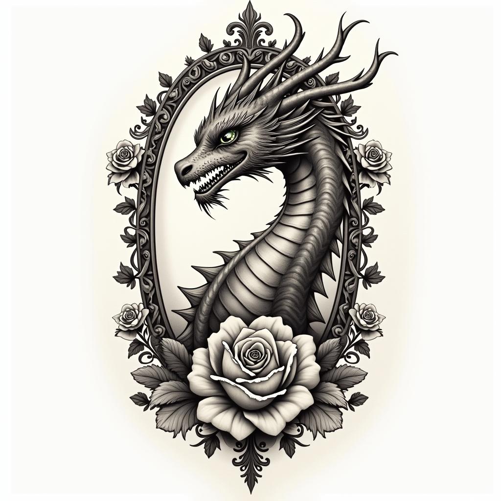 Female dragon with flowersin victorian style tattoo, featuring vintage and elegant elements, ornate frames, roses, antique, sepia-toned color scheme