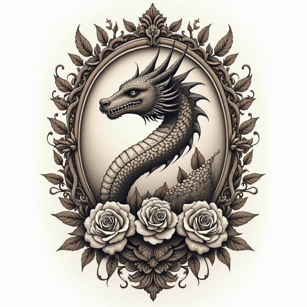 Female dragon with flowersin victorian style tattoo, featuring vintage and elegant elements, ornate frames, roses, antique, sepia-toned color scheme - Variation 4