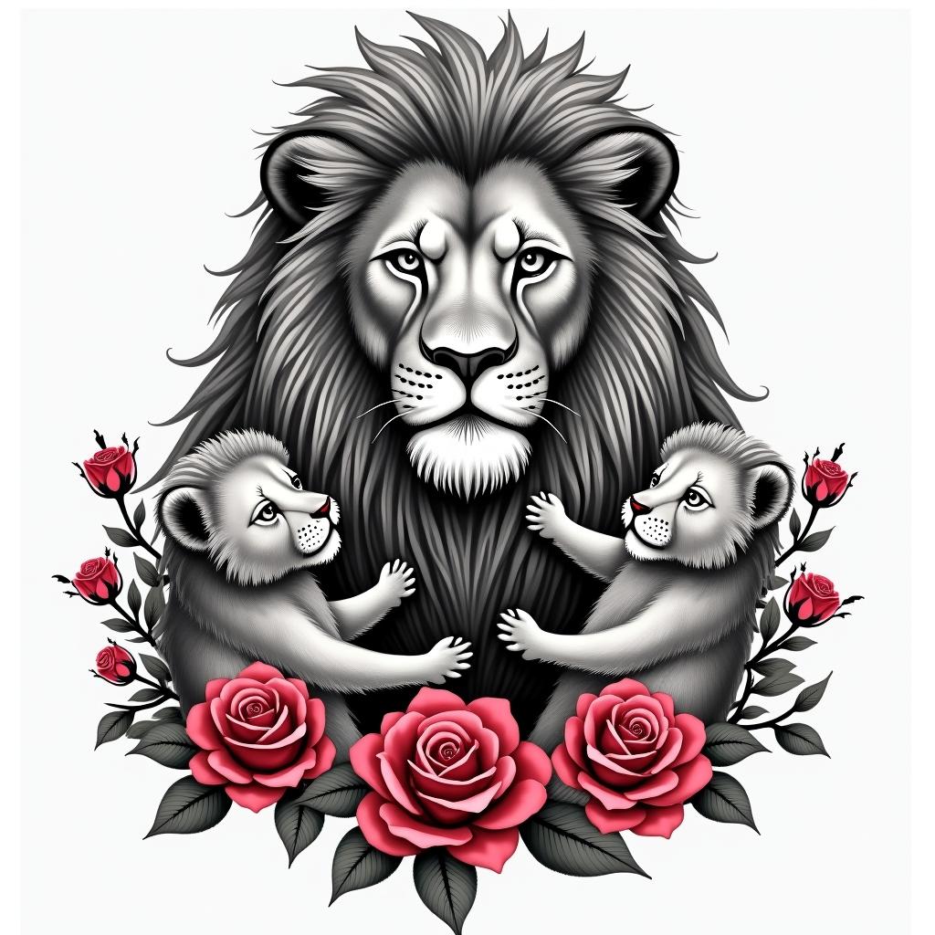 A powerful male lion representing a father, with three adorable cubs (daughters) playfully around him, surrounded by beautiful red and pink roses. The design elegantly incorporates the Bible verse "My flesh and my heart may fail, but God is the strength of my heart and my portion forever" in an artistic font, symbolizing love, strength, and the bond of fatherhood.higly detailed tattoo - Variation 3