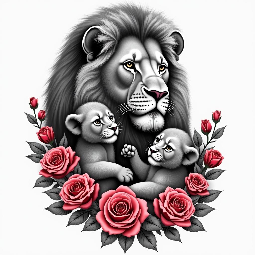 A powerful male lion representing a father, with three adorable cubs (daughters) playfully around him, surrounded by beautiful red and pink roses. The design elegantly incorporates the Bible verse "My flesh and my heart may fail, but God is the strength of my heart and my portion forever" in an artistic font, symbolizing love, strength, and the bond of fatherhood.higly detailed tattoo - Variation 2