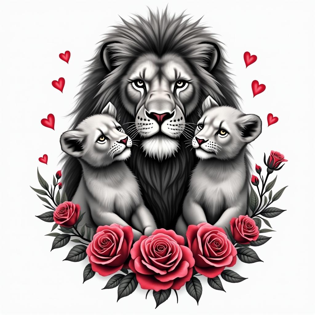 A powerful male lion representing a father, with three adorable cubs (daughters) playfully around him, surrounded by beautiful red and pink roses. The design elegantly incorporates the Bible verse "My flesh and my heart may fail, but God is the strength of my heart and my portion forever" in an artistic font, symbolizing love, strength, and the bond of fatherhood.higly detailed tattoo