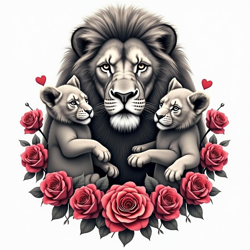 A powerful male lion representing a father, with three adorable cubs (daughters) playfully around him, surrounded by beautiful red and pink roses. The design elegantly incorporates the Bible verse "My flesh and my heart may fail, but God is the strength of my heart and my portion forever" in an artistic font, symbolizing love, strength, and the bond of fatherhood.higly detailed tattoo - Variation 4