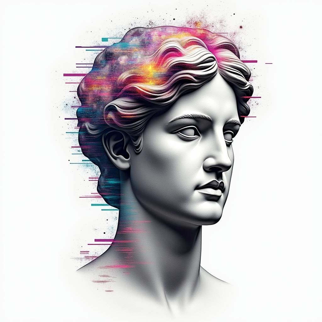 Galaxyin distorted and fragmented tattoo design, featuring a classical statue bust, in a glitch art style with vibrant, overlapping colors of cyan, magenta, and yellow, creating a digital distortion effect - Variation 6