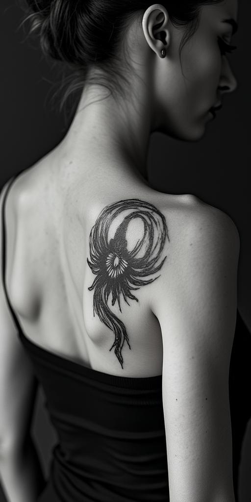 Woman, 42 years old, cancer, Scorpio signhigly detailed tattoo