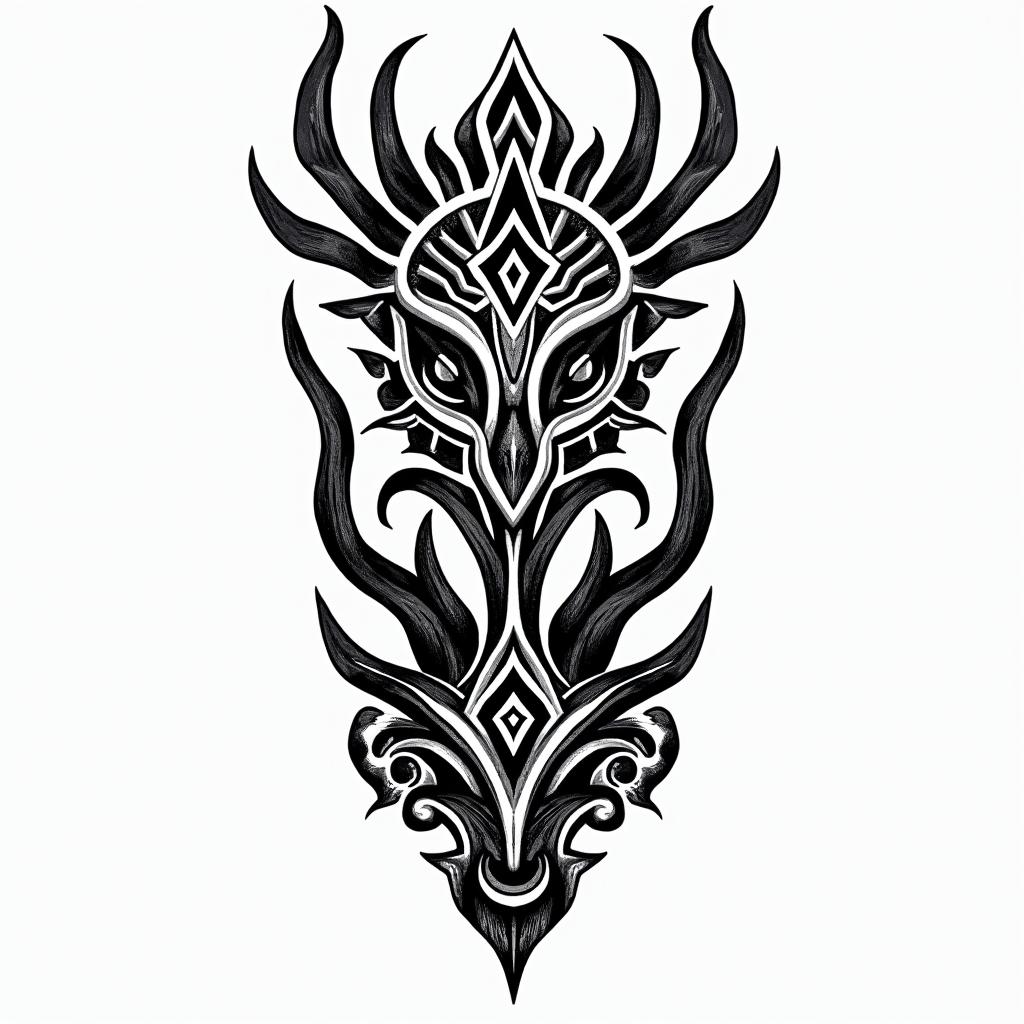 Woods and animals in tribal tattoo style, featuring bold and black geometric shapes, curved lines, intertwine and flow seamlessly, creating a powerful and symbolic design, polynesian and maori styles - Variation 4