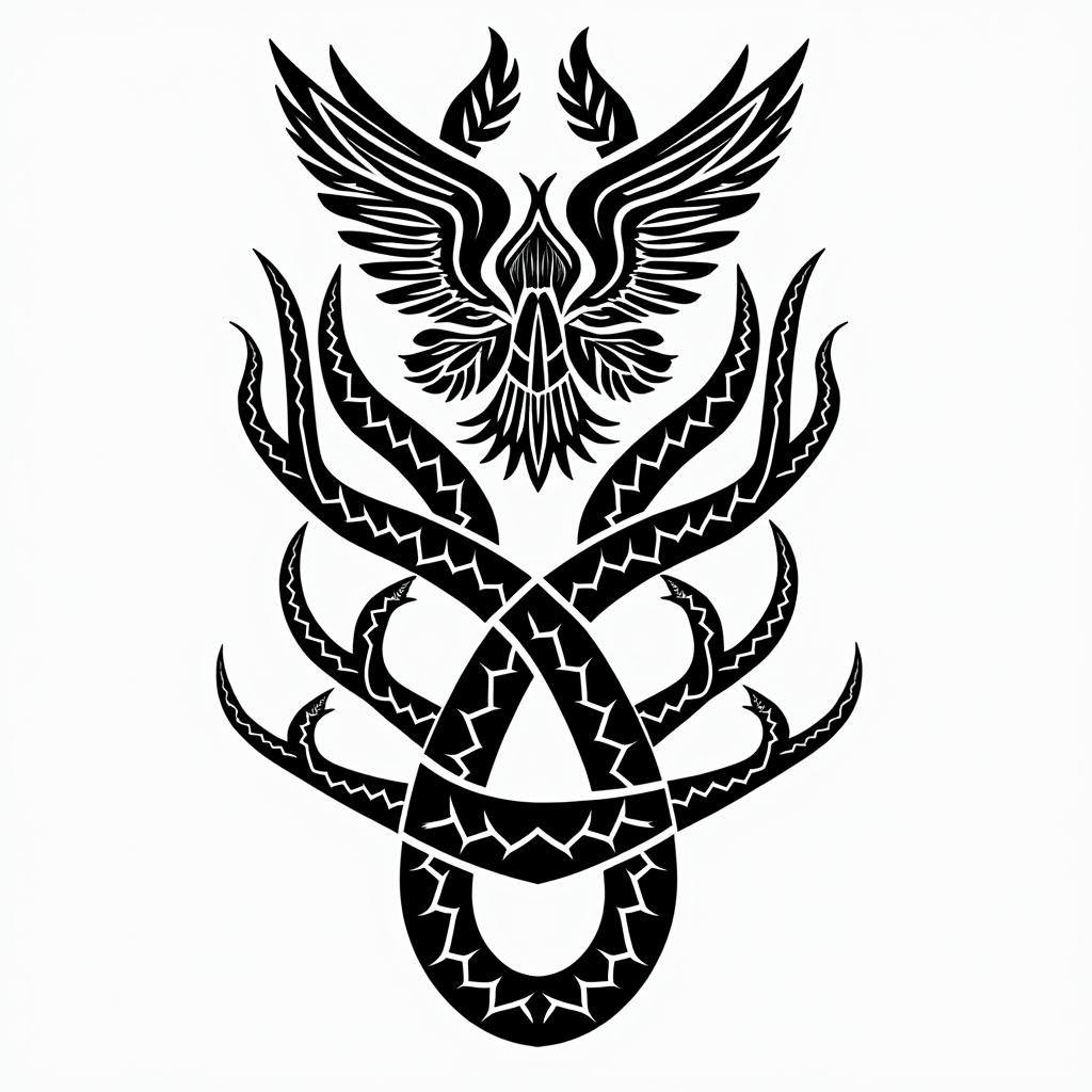 Woods and animals in tribal tattoo style, featuring bold and black geometric shapes, curved lines, intertwine and flow seamlessly, creating a powerful and symbolic design, polynesian and maori styles - Variation 2
