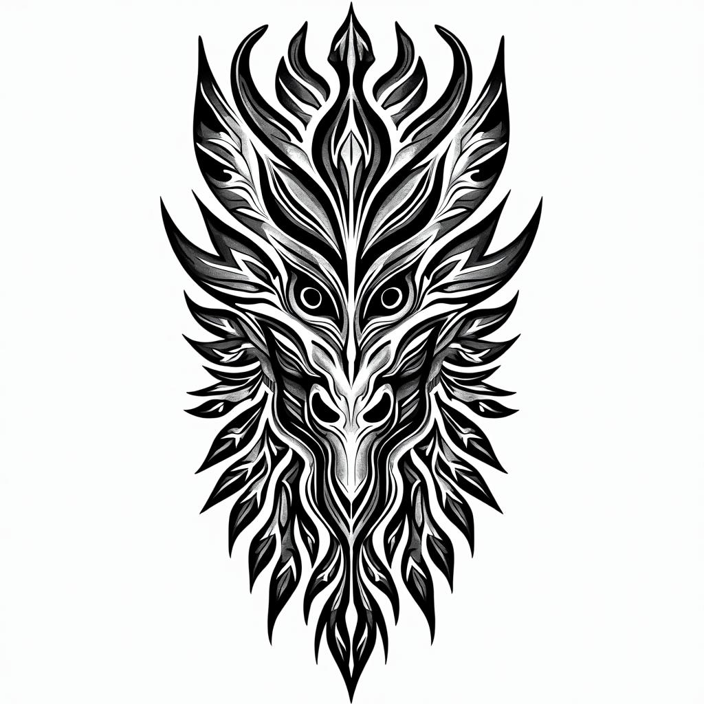 Woods and animals in tribal tattoo style, featuring bold and black geometric shapes, curved lines, intertwine and flow seamlessly, creating a powerful and symbolic design, polynesian and maori styles - Variation 3