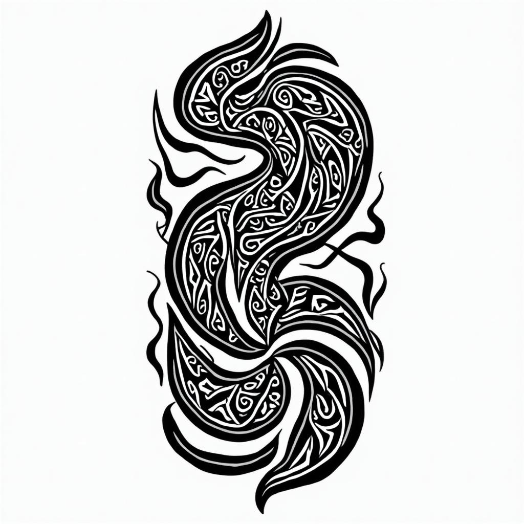 Woods and animals in tribal tattoo style, featuring bold and black geometric shapes, curved lines, intertwine and flow seamlessly, creating a powerful and symbolic design, polynesian and maori styles