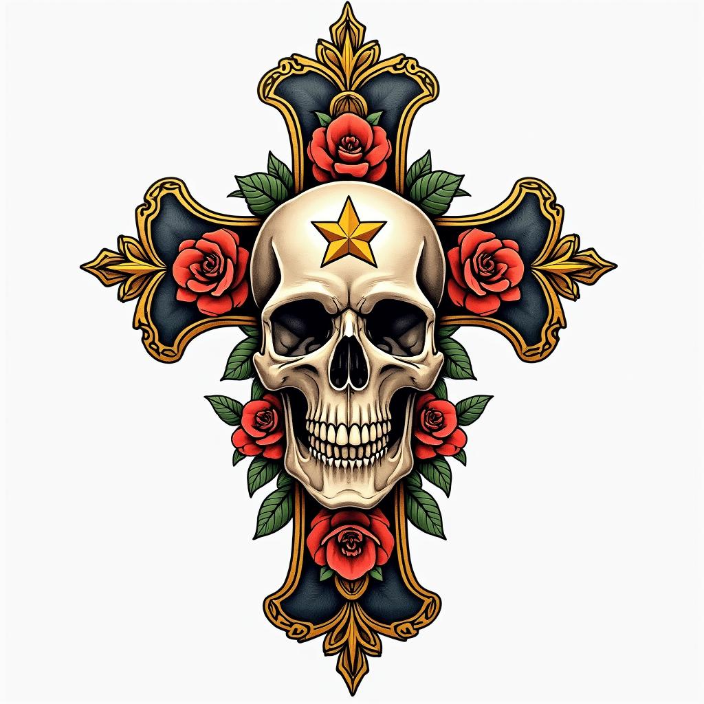Cross decorated skull goldin new school tattoo, pop culture, modern, detailed tattoo, illustrative - Variation 2