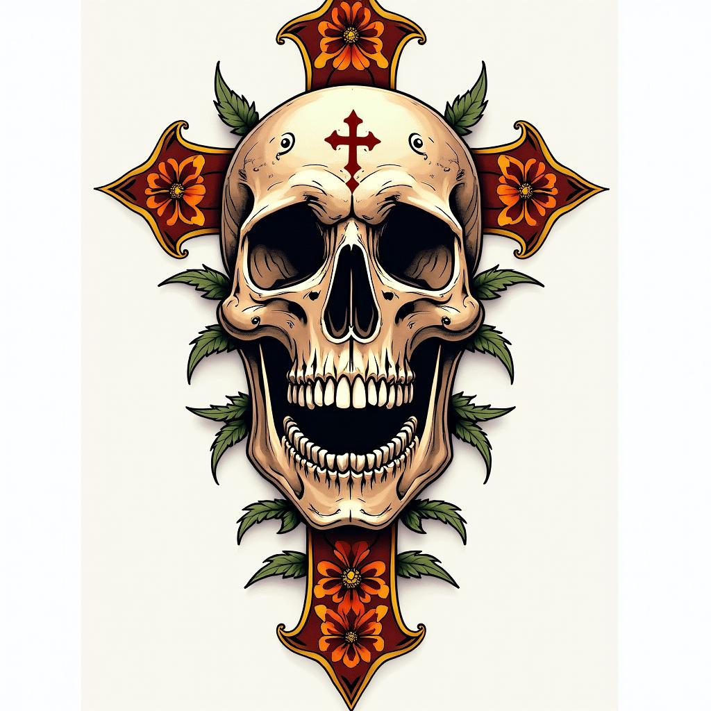 Cross decorated skull goldin new school tattoo, pop culture, modern, detailed tattoo, illustrative