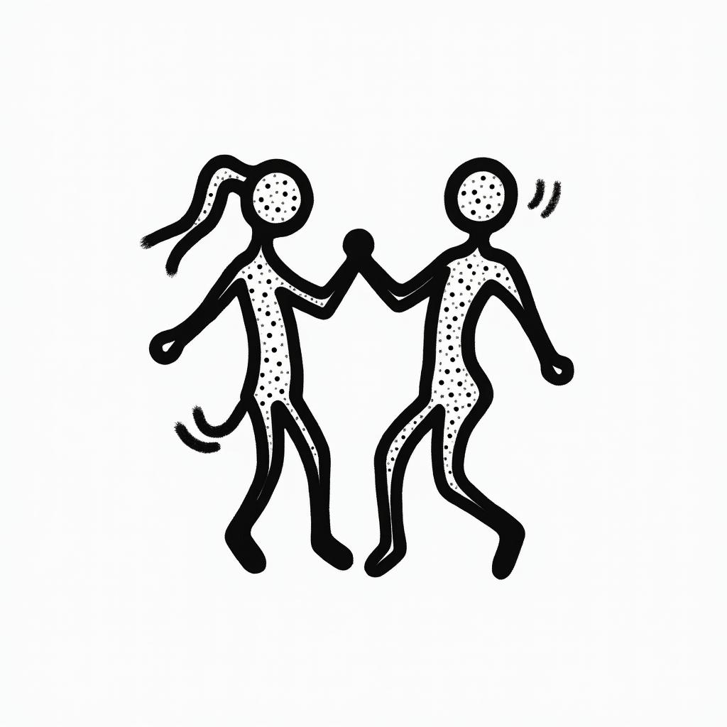 Galaxyabstract dancing figures in Keith Haring style, featuring bold black outlines and solid color fills, figures posed in dynamic and playful dance movements, minimalist design