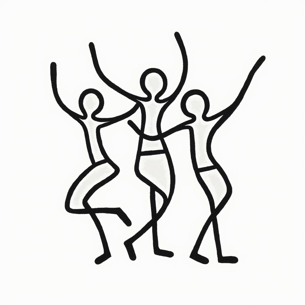 Galaxyabstract dancing figures in Keith Haring style, featuring bold black outlines and solid color fills, figures posed in dynamic and playful dance movements, minimalist design - Variation 3