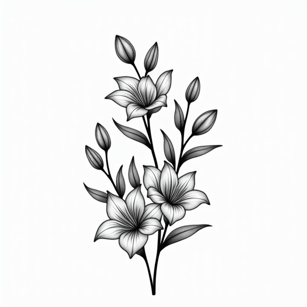 A minimalistic black and white tattoo design featuring flowing music notes intertwined with delicate lilies of the valley flowers, symbolizing a deep bond between a couple, with five additional music notes representing their children, capturing the essence of love for music and family.higly detailed tattoo - Variation 2