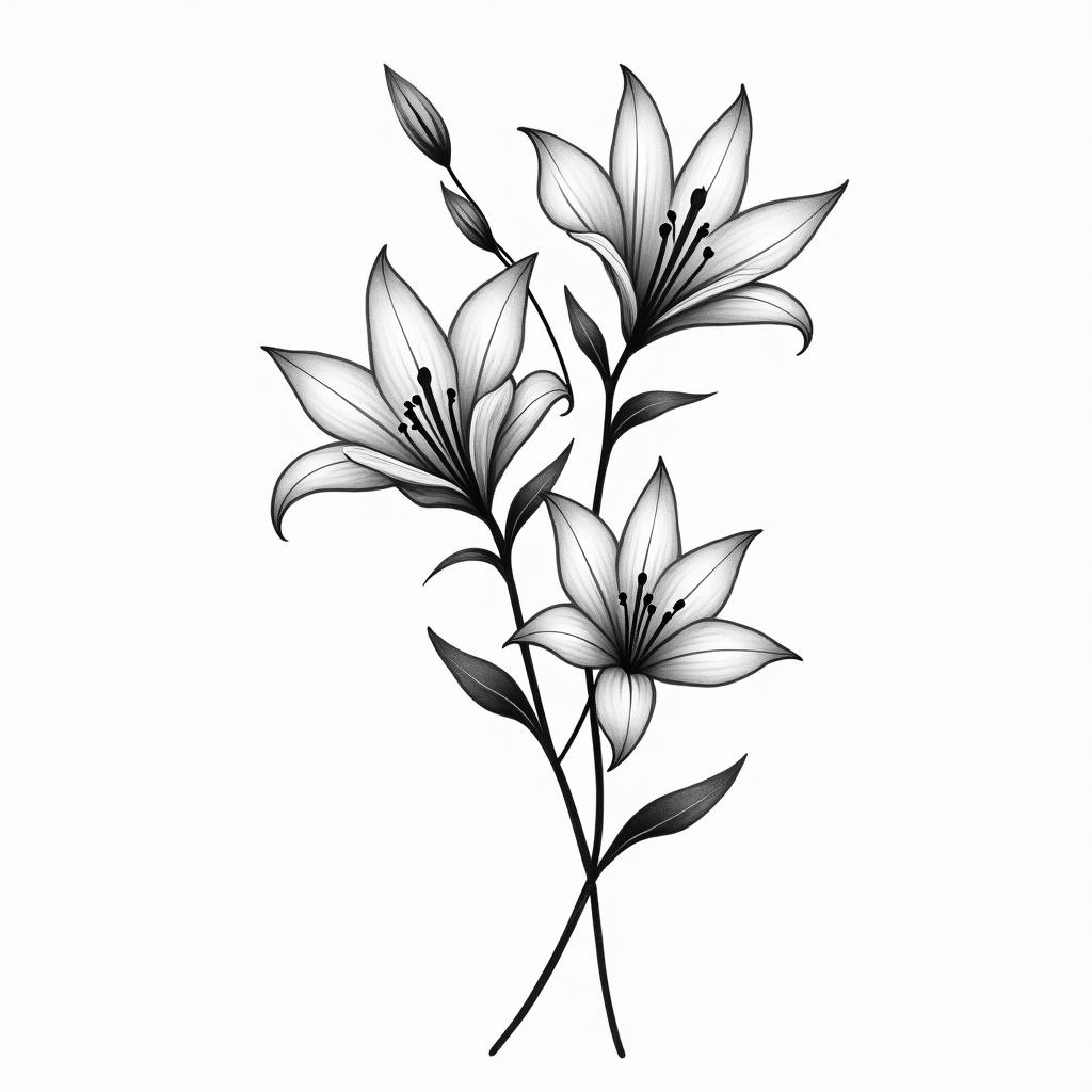 A minimalistic black and white tattoo design featuring flowing music notes intertwined with delicate lilies of the valley flowers, symbolizing a deep bond between a couple, with five additional music notes representing their children, capturing the essence of love for music and family.higly detailed tattoo - Variation 3