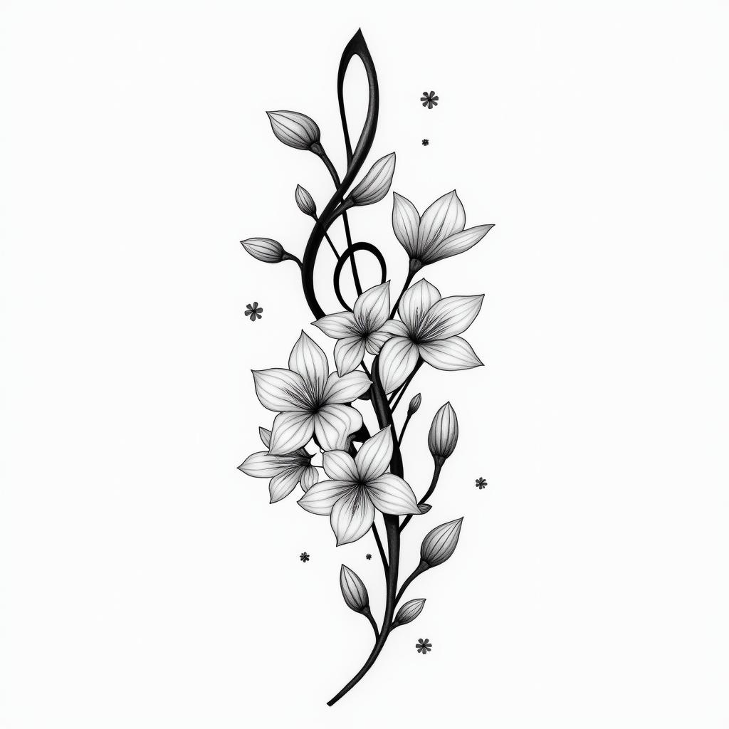 A minimalistic black and white tattoo design featuring flowing music notes intertwined with delicate lilies of the valley flowers, symbolizing a deep bond between a couple, with five additional music notes representing their children, capturing the essence of love for music and family.higly detailed tattoo