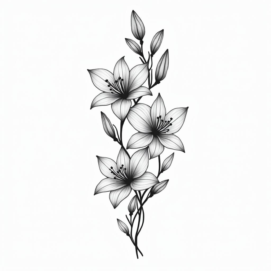A minimalistic black and white tattoo design featuring flowing music notes intertwined with delicate lilies of the valley flowers, symbolizing a deep bond between a couple, with five additional music notes representing their children, capturing the essence of love for music and family.higly detailed tattoo - Variation 4