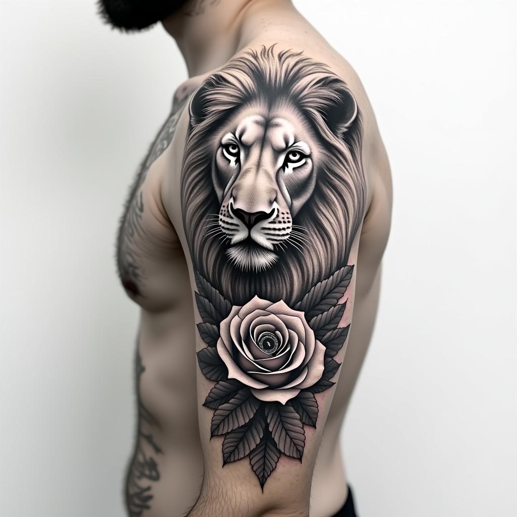 A men’s upper arm tattoo representing a new birth with a lioness
rose and clockhigly detailed tattoo - Variation 2