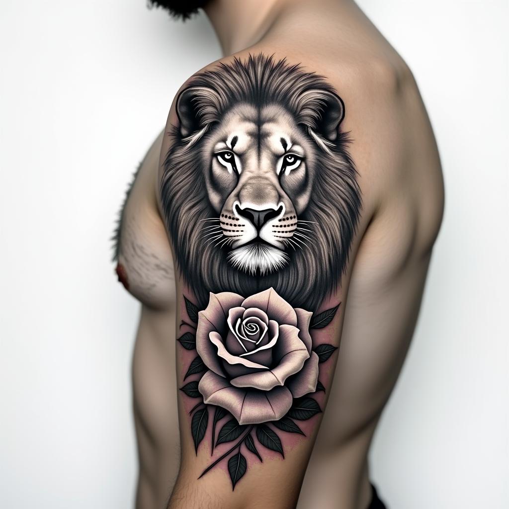A men’s upper arm tattoo representing a new birth with a lioness
rose and clockhigly detailed tattoo - Variation 4
