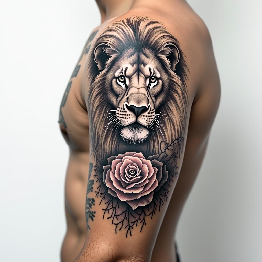 A men’s upper arm tattoo representing a new birth with a lioness
rose and clockhigly detailed tattoo