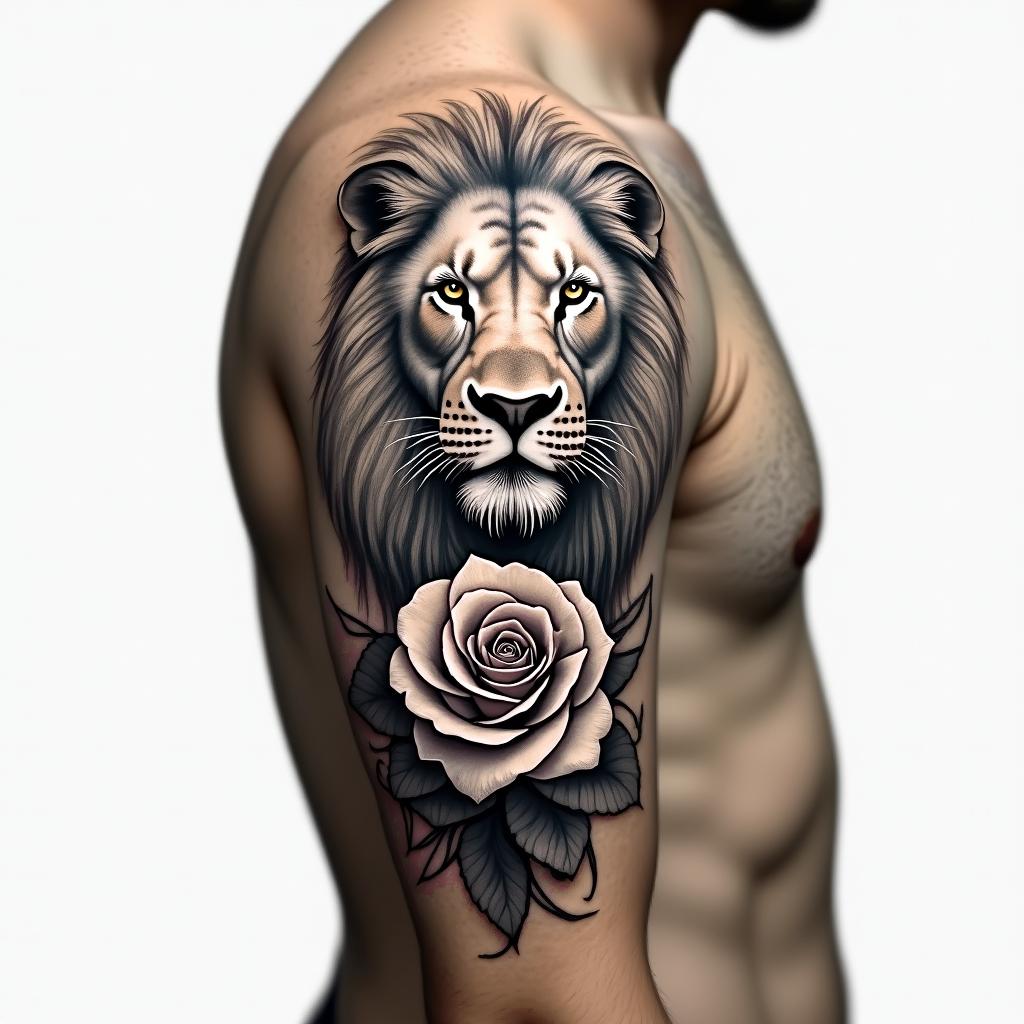 A men’s upper arm tattoo representing a new birth with a lioness
rose and clockhigly detailed tattoo - Variation 3