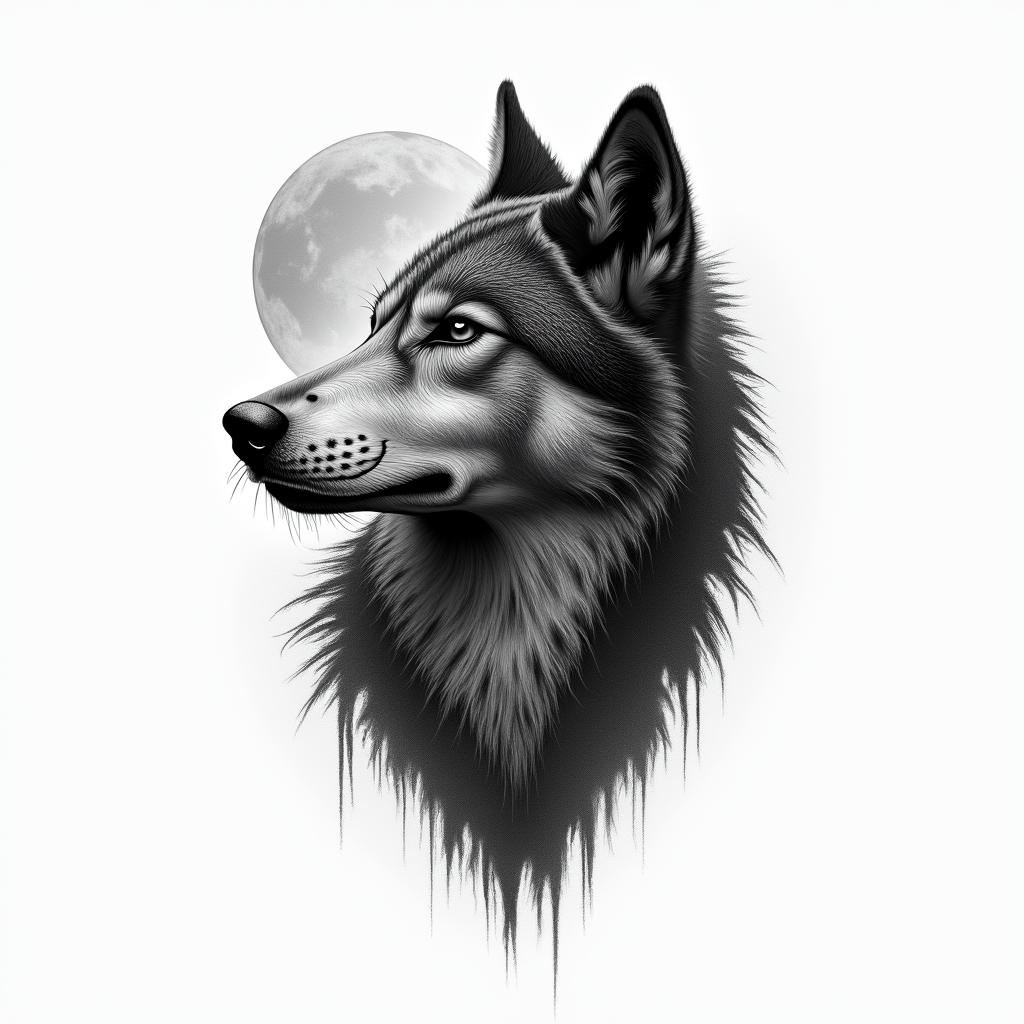 Galaxy with a silhouette of a wolf in the backgroundhigly detailed tattoo